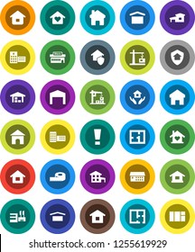 White Solid Icon Set- house hold vector, school building, measuring, dry cargo, hospital, home, attention sign, cottage, barn, plan, love, construction crane, protect, mall, window