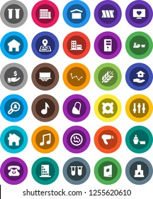 White Solid Icon Set- house hold vector, music, constellation, investment, any currency, cereals, heart monitor, navigator, phone, truck trailer, port, dry cargo, settings, vial, microbs, bandage