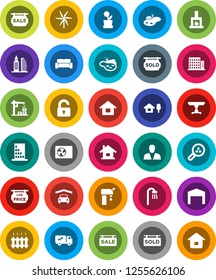 White Solid Icon Set- house vector, chalet, pond, windmill, water supply, garage, barn, sale signboard, sold, low price, apartments, office building, client search, consumer, unlock, table, bath