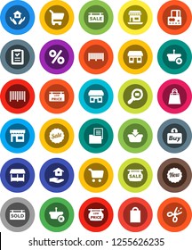 White Solid Icon Set- house hold vector, cart, credit card, office, cargo search, estate document, sale signboard, sold, low price, new, shopping bag, percent, market, store, buy, barcode, basket