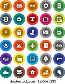 White Solid Icon Set- house hold vector, chalet, pool, solar panel, windmill, water supply, fruit tree, mountain, plan, rooms signboard, sold, low price, unlock, crib, table, love home, heating, tv