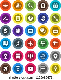 White Solid Icon Set- house hold vector, skimmer, archive, dollar coin, pie graph, auction, man, binder, sand clock, cursor, sign, clipboard, run, route, plane, calendar, shelving, dialog, eye, fan