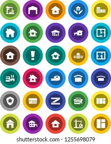 White Solid Icon Set- house hold vector, school building, measuring, dry cargo, hospital, home, attention sign, cottage, barn, plan, love, construction crane, protect, mall, window