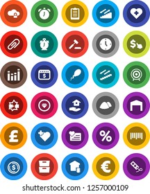 White Solid Icon Set- house hold vector, garbage pile, alarm clock, archive, dollar coin, calendar, cursor, euro sign, pound, clipboard, target, stairways run, heart monitor, cross, barcode, sperm
