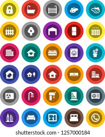 White Solid Icon Set- house vector, chalet, pond, water supply, fruit tree, barn, plan, rooms signboard, apartments, office building, lock, crib, bath, washer, cushioned furniture, love home, fridge