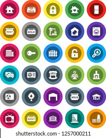 White Solid Icon Set- house vector, solar panel, fruit tree, barn, fence, rent signboard, sold, low price, apartments, office building, client search, key, lock, unlock, crib, washer, love home, tv