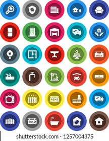 White Solid Icon Set- house hold vector, chalet, pool, solar panel, water supply, fruit tree, garage, fence, plan, rent signboard, sold, low price, apartments, search estate, table, bath, heating