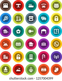 White Solid Icon Set- house vector, cottage, pool, solar panel, mountain, garage, barn, plan, sale signboard, low price, apartments, office building, search estate, key, lock, unlock, crib, table