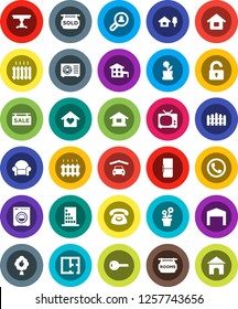 White Solid Icon Set- house vector, cottage, chalet, fruit tree, garage, barn, fence, plan, sale signboard, rooms, sold, client search, key, unlock, table, washer, cushioned furniture, love home, tv