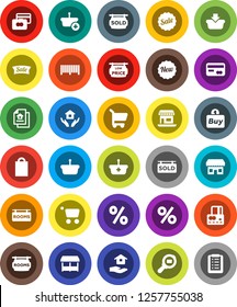 White Solid Icon Set- house hold vector, credit card, office, cargo search, estate document, rooms signboard, sold, low price, sale, new, shopping bag, percent, market, store, buy, barcode, basket