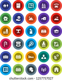 White Solid Icon Set- house hold vector, cottage, chalet, mailbox, solar panel, mountain, garage, barn, fence, plan, sale signboard, rent, low price, office building, client search, consumer, crib