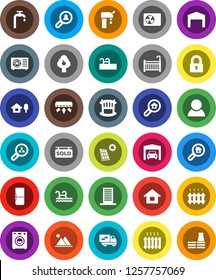 White Solid Icon Set- house vector, chalet, pool, solar panel, water supply, fruit tree, mountain, garage, barn, sold signboard, search estate, client, consumer, lock, crib, washer, relocation truck