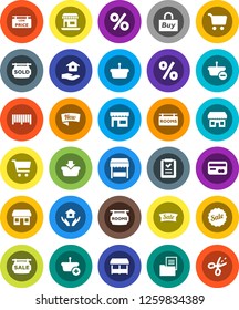 White Solid Icon Set- house hold vector, cart, office, estate document, sale signboard, rooms, sold, low price, credit card, new, percent, market, store, buy, barcode, basket, shopping list, coupon