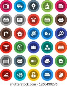 White Solid Icon Set- house vector, chalet, pond, water supply, fruit tree, mountain, garage, fence, estate document, sale signboard, rooms, sold, low price, apartments, search, consumer, key, crib