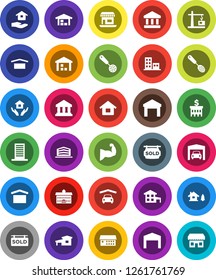 White Solid Icon Set- house hold vector, skimmer, university, bank, building, muscule hand, office, dry cargo, warehouse, hospital, cottage, chalet, garage, barn, sold signboard, apartments, store
