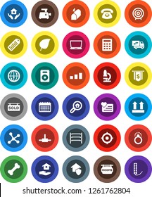 White Solid Icon Set- house hold vector, microscope, leaf, target, dollar flag, calendar, heart monitor, bone, top sign, sorting, barcode, shelving, internet, speaker, connect, network, sold, phone