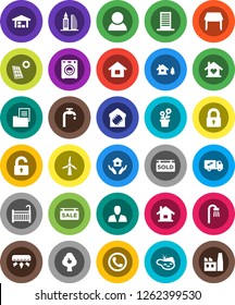 White Solid Icon Set- house hold vector, chalet, pond, solar panel, windmill, water supply, fruit tree, barn, estate document, sale signboard, sold, office building, consumer, lock, unlock, crib