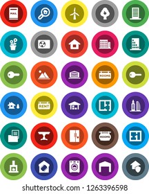 White Solid Icon Set- house vector, chalet, mailbox, windmill, fruit tree, mountain, barn, plan, estate document, rent signboard, rooms, apartments, office building, search, key, table, washer