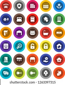 White Solid Icon Set- house hold vector, chalet, mailbox, water supply, fruit tree, garage, barn, rooms signboard, apartments, client search, key, lock, unlock, table, bath, washer, relocation truck