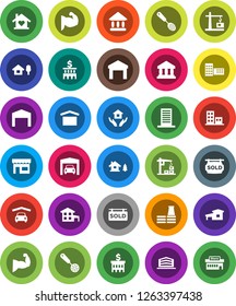 White Solid Icon Set- house hold vector, skimmer, school building, university, bank, muscule hand, dry cargo, warehouse, cottage, chalet, garage, barn, sold signboard, apartments, office, love home
