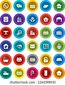 White Solid Icon Set- house hold vector, pond, pool, solar panel, barn, fence, plan, sale signboard, rent, sold, low price, apartments, office building, client search, unlock, table, bath, washer