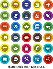 White Solid Icon Set- house hold vector, cart, credit card, office, cargo search, sale signboard, rooms, sold, low price, new, shopping bag, percent, market, store, barcode, basket, list, coupon