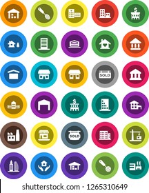 White Solid Icon Set- house hold vector, skimmer, school building, university, bank, office, dry cargo, warehouse, hospital, cottage, chalet, barn, sold signboard, apartments, love home, factory