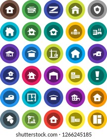 White Solid Icon Set- house hold vector, school building, measuring, dry cargo, hospital, home, attention sign, cottage, barn, plan, love, construction crane, protect, mall, window