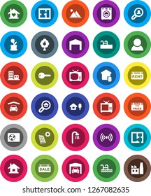 White Solid Icon Set- house vector, chalet, pool, solar panel, fruit tree, mountain, garage, barn, plan, sale signboard, rent, low price, apartments, search estate, client, consumer, key, bath, tv