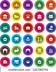 White Solid Icon Set- house hold vector, university, school building, bank, muscule hand, office, dry cargo, warehouse, cottage, garage, barn, sold signboard, apartments, love home, store, mall