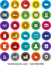 White Solid Icon Set- house vector, chalet, pond, mailbox, solar panel, windmill, mountain, garage, plan, sale signboard, office building, client search, consumer, unlock, crib, bath, washer, fridge
