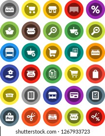 White Solid Icon Set- house hold vector, cart, office, cargo search, estate document, sale signboard, rooms, sold, low price, credit card, shopping bag, percent, market, buy, barcode, basket, list