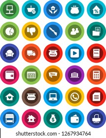 White Solid Icon Set- house hold vector, notebook pc, schedule, document, pie graph, wallet, crisis, percent growth, money bag, delivery, group, finger down, play button, network, mailbox, estate