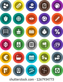 White Solid Icon Set- house hold vector, garbage pile, mixer, ruler, alarm clock, constellation, investment, bank building, calendar, dollar cursor, euro sign, target, heart monitor, stairways run
