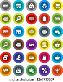 White Solid Icon Set- house hold vector, credit card, office, cargo search, sale signboard, rooms, sold, new, shopping bag, percent, store, buy, barcode, basket, cart, coupon