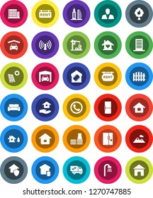 White Solid Icon Set- house hold vector, chalet, solar panel, fruit tree, mountain, garage, fence, rent signboard, apartments, office building, consumer, bath, cushioned furniture, relocation truck