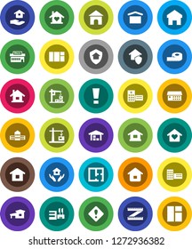 White Solid Icon Set- house hold vector, school building, measuring, dry cargo, hospital, home, attention sign, cottage, barn, plan, love, construction crane, protect, mall, window