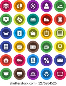White Solid Icon Set- house hold vector, calculator, clipboard, presentation, exchange, graph, japanese candle, piggy bank, board, safe, monitor dollar, truck trailer, car, receipt, dry cargo, mail