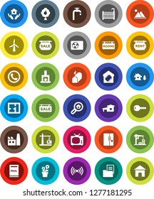White Solid Icon Set- house hold vector, cottage, chalet, mailbox, windmill, water supply, fruit tree, mountain, plan, estate document, sale signboard, rent, rooms, search, key, crib, fireplace, tv