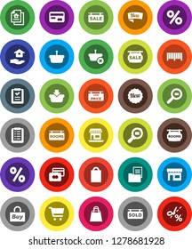 White Solid Icon Set- house hold vector, cart, credit card, office, cargo search, estate document, sale signboard, rooms, sold, low price, new, shopping bag, percent, store, buy, barcode, basket