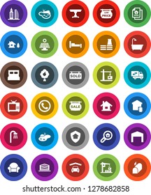 White Solid Icon Set- house vector, chalet, pond, solar panel, fruit tree, garage, barn, estate document, sale signboard, sold, low price, office building, search, table, bath, cushioned furniture