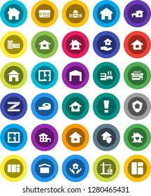 White Solid Icon Set- house hold vector, school building, measuring, dry cargo, hospital, home, attention sign, cottage, barn, plan, love, construction crane, protect, mall, window