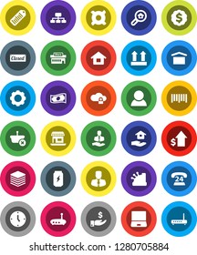 White Solid Icon Set- house hold vector, cash, manager, investment, dollar growth, clock, medal, hierarchy, any currency, enegry drink, office, phone 24, client, dry cargo, top sign, barcode, gear
