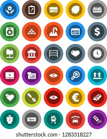 White Solid Icon Set- house hold vector, water tap, skimmer, bbq, alarm clock, leaf, bank, gold ingot, euro sign, dollar, heart monitor, calendar, clipboard, top, shelving, notebook pc, cross, eye