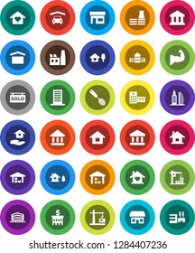 White Solid Icon Set- house hold vector, skimmer, school building, university, bank, muscule hand, dry cargo, warehouse, hospital, chalet, garage, barn, sold signboard, office, love home, factory