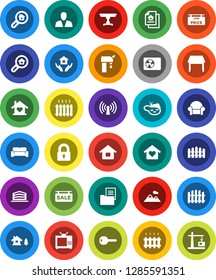 White Solid Icon Set- house hold vector, chalet, pond, water supply, mountain, fence, estate document, sale signboard, low price, office building, search, consumer, key, lock, table, love home, tv