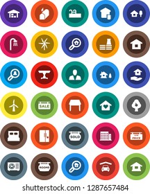 White Solid Icon Set- house hold vector, chalet, pool, windmill, fruit tree, garage, barn, sale signboard, rooms, sold, low price, apartments, search estate, client, consumer, table, bath, love home