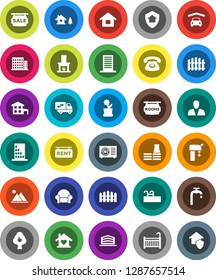 White Solid Icon Set- house vector, cottage, chalet, pool, water supply, fruit tree, mountain, garage, fence, sale signboard, rent, rooms, apartments, office building, consumer, crib, love home