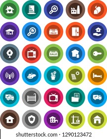 White Solid Icon Set- house hold vector, cottage, pond, solar panel, fruit tree, barn, estate document, sale signboard, low price, search, key, crib, relocation truck, love home, fridge, tv, smart