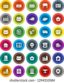 White Solid Icon Set- house vector, cottage, pond, solar panel, fruit tree, plan, estate document, sale signboard, rent, rooms, low price, crib, table, washer, relocation truck, love home, heating